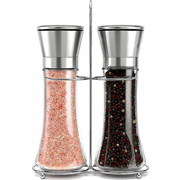 Køkkenopbevaringstilbehør 2 stk. Salt- og peberkværn, børstet rustfrit stål og glaskværne, justerbar keramisk kværn 24 cm