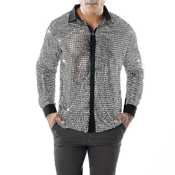 Glittrande Sekvensmäshtopp för Män, Silver XL Disco Dans Skjorta
