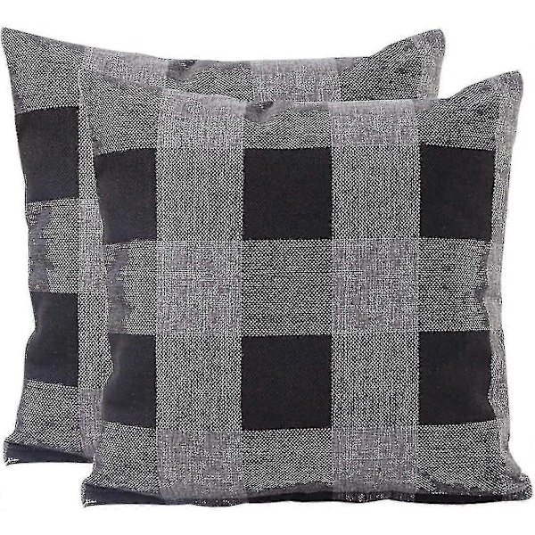 2 st Rutiga Tartan Linne Prydnadskudde Örngott Kuddfodral För Hem Zekai Svart och Grå