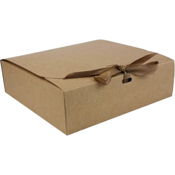 Förpackning med 12 fyrkantiga presentförpackningar, 16,5 cm x 5 cm, enkel montering, brun låda med rosettband