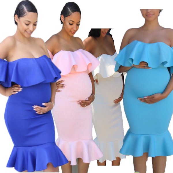Gravidklänning Off Shoulder Volang Midiklänningar för Baby Shower Fotografering Enfärgad Gravidklänning