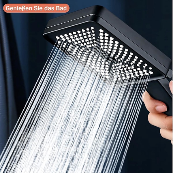 Massage Brusehoved med 6 Sprayindstillinger, Firkantet Brusebad, Stort Højtryks Vandbesparende Brusebad, Krom Vandbesparende Brusehoved (Elegant sort)