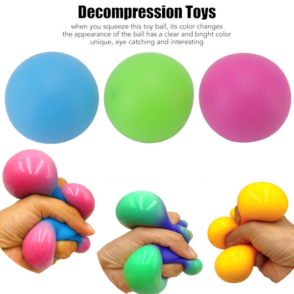 3 st färgskiftande Klämboll Stretch Squeeze Dekompressionsleksak för stress relief Fokusavslappning