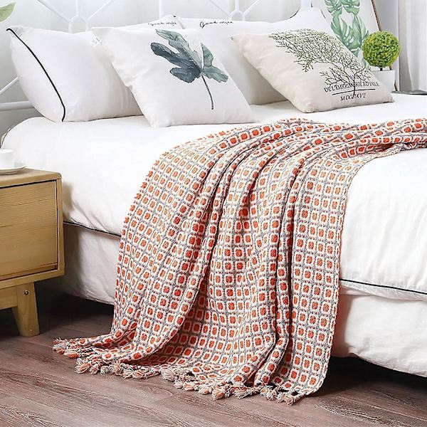 Bohemian Red Plaid Strikket Pom Tæppe 130x180cm