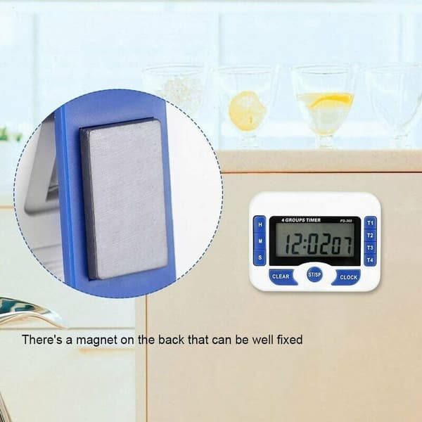 4-kanals multifunktionel nedtællingstimer, justerbar digital køkkentimer, magnetisk laboratoriemødetimer med alarmfunktion
