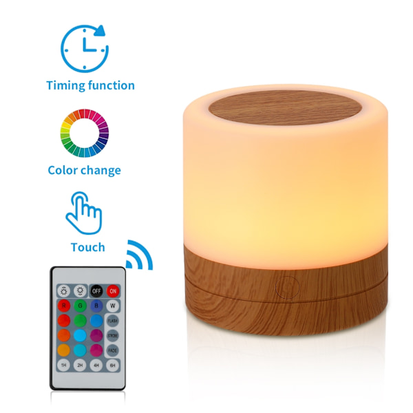 Trä Sängbordslampa LED Färgglad Trästruktur Nattljus Touch Fjärrkontroll Ljus