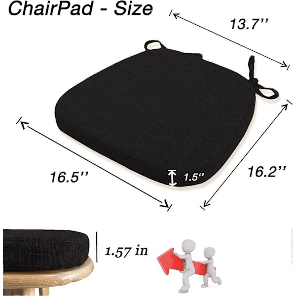 Stolsdyna med Knytband för Matstol [16.5 X 16.2 Tum Svart] - Memory Foam Halkfri Köksstolsdyna och Matsalsstolsdyna med Maskintvättbar