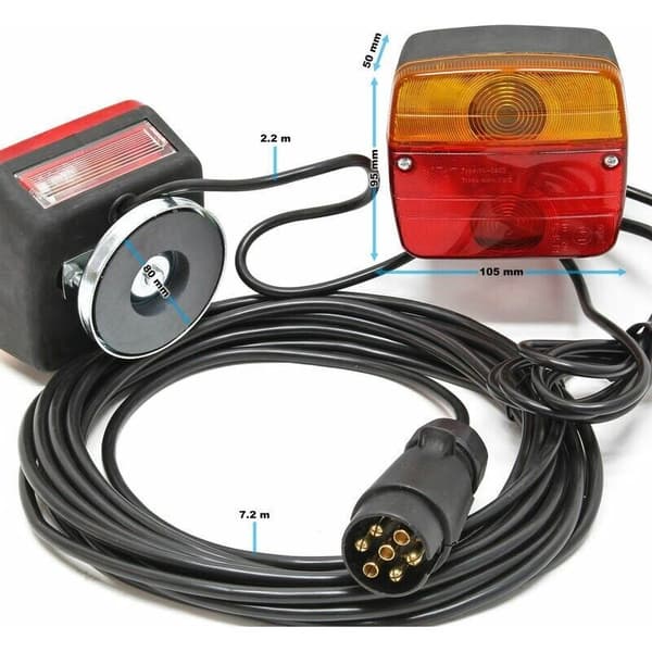 Trailertilbehør, trailerbaglygter, 7-polet kabel, 7,5 m og 2 enheder, blinklys, bremselys, campingvogn