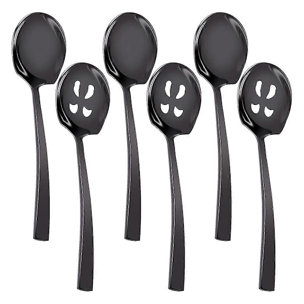 6 stk Serveringsskjeer og hullsleiver sett, 23 cm Serveringsredskapssett svart