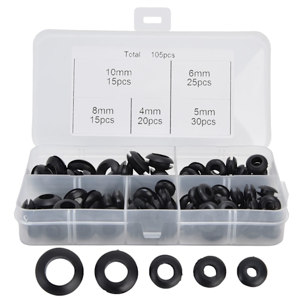 105st Grommet sortimentssats Gummi Elektriska packningsringar Ledningar VVS Skyddsspole