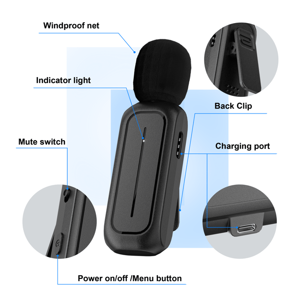 Trådløs mikrofon for iPhone iPad Android, ladeetui med adapter, støyreduserende plugg inkludert
