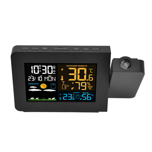 Inomhus- och utomhustermometer 60 m överföringsklockprojektionsfunktion Temperaturprognos Digital hygrometer EU 100-240V
