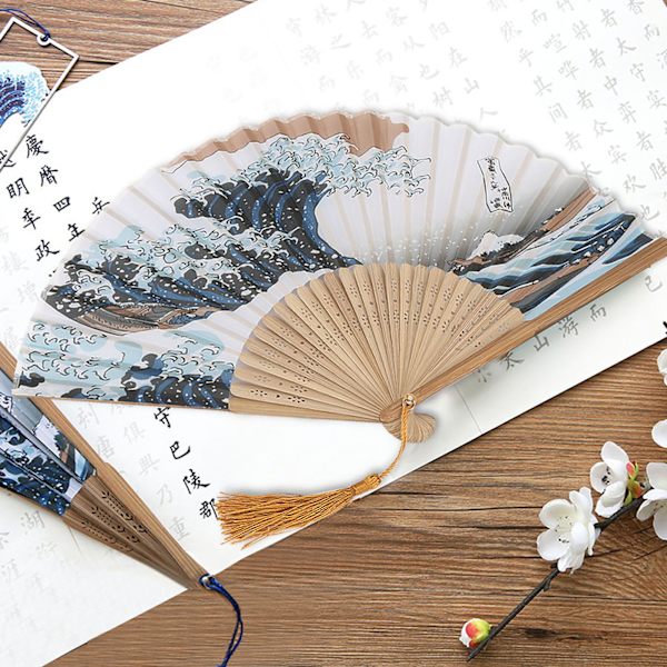 Elegant Janpanese Style Painted Waves Retro Bamboo Folding Fläkt Hemkontorsdekoration(#1)