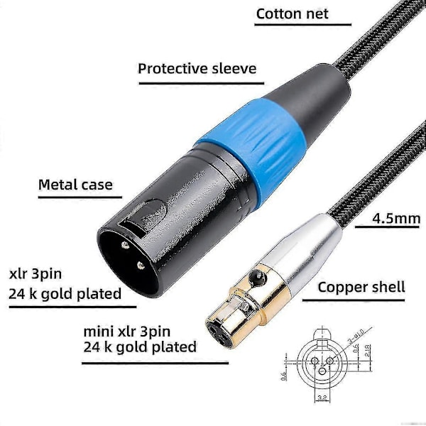 3-nastainen Mini XLR uros - XLR naaras adapterikaapeli, balansoitu johto äänitykseen, kaiutinjärjestelmiin, radioon