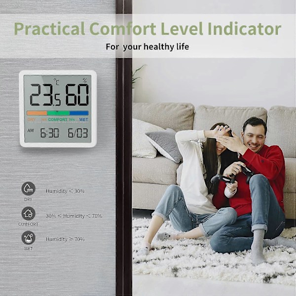 Digital skrivbords-termometer med temperatur- och luftfuktighetsmätare, exakt hygrometer inomhustermometer med klocka (Vit)