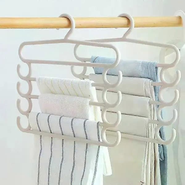 5-Layer Rotatable Clothes Hanger - Durable Pants Rack with Non-Slip Clips for Jeans/Dresses Space-Saving 1pc Rice White