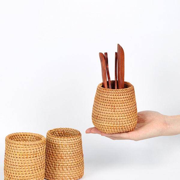 Håndvævet rattan penneholder kopper flet makeup børste opbevaring kurv Køkken køkkengrej Organizer Caddy Hjemmebord dekoration