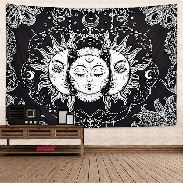Sol og Måne Gobelin Brændende Sol med Stjerne Gobelin Psykedelisk Gobelin Sort og Hvid Mystisk Gobelin Vægophæng (130 x 150 cm)