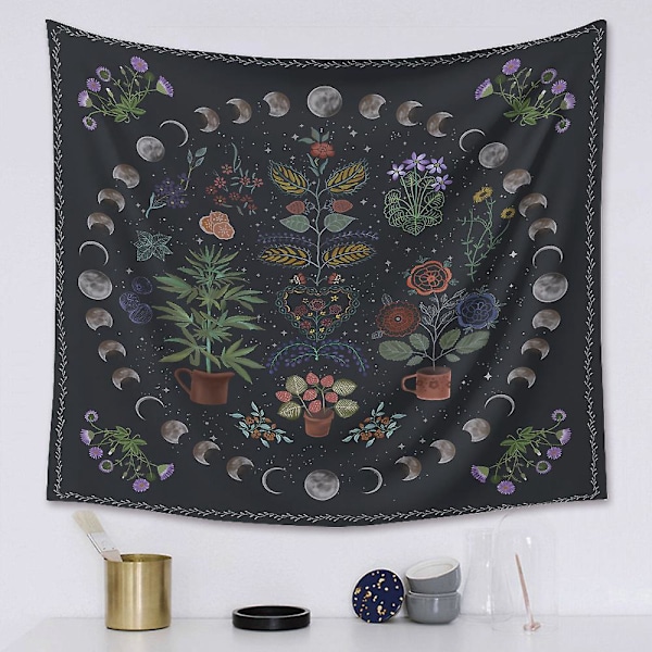 Veggteppe Blomster Planter Måne Bohemsk Veggteppe Dekorasjon for Hjem Stue Soverom Hybel, 130x150cm