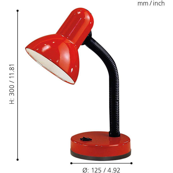 Red-Basic sengebordslampe, skrivebords- og læselampe i stål og sort plastik, fatning
