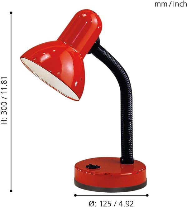 Rød-Basic nattbordslampe, skrivebords- og leselampe i stål og svart plast, sokkel
