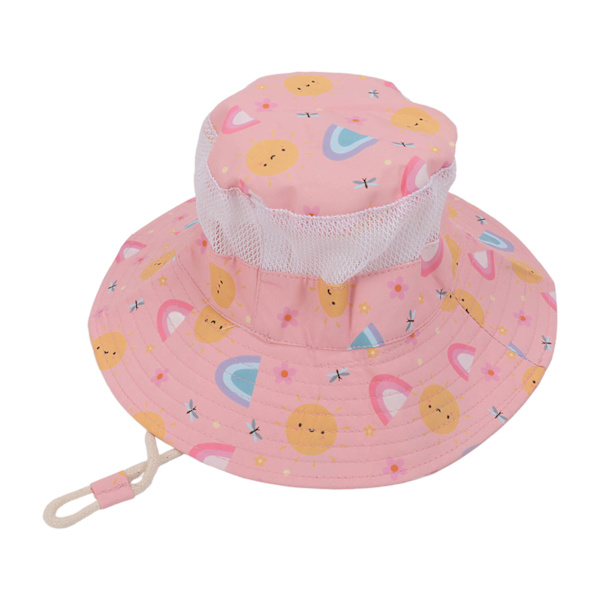 Baby Fisherman Hat Andningsbar Cartoon Tryckt Spädbarn Solskydd Hat med Vindtät Rep för 6 Månader till 3 År Gammal Rosa Sol