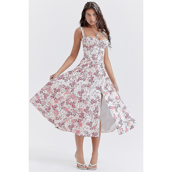 Floral Print Ærmeløs Ruched Buste Split Lår Boho Midi Kjole - Kvinder (Gratis fragt) S Bai Dahong