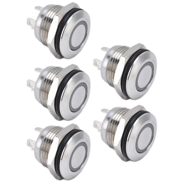 5 stk. Knappbryter Rustfritt stål Flat Toppknapp med LED Selvtilbakestilling Strømtilbehør 12mmDC3‑6V Blå