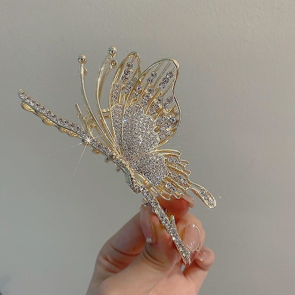 Stor Guldfärgad Fjärilshårclips med Strass, Halksäker Design