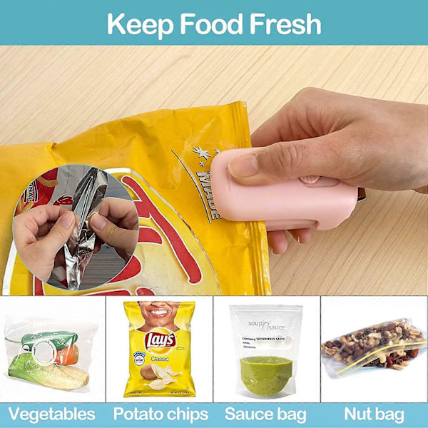 Mini Poseforsegler, 2 I 1 Bærbar Varmeforseglings- og Kutter, Chipspose Matforsegler Vakuummaskin for Snacks Plast Friske Poser - Rosa - Batteri Ikke Inkludert