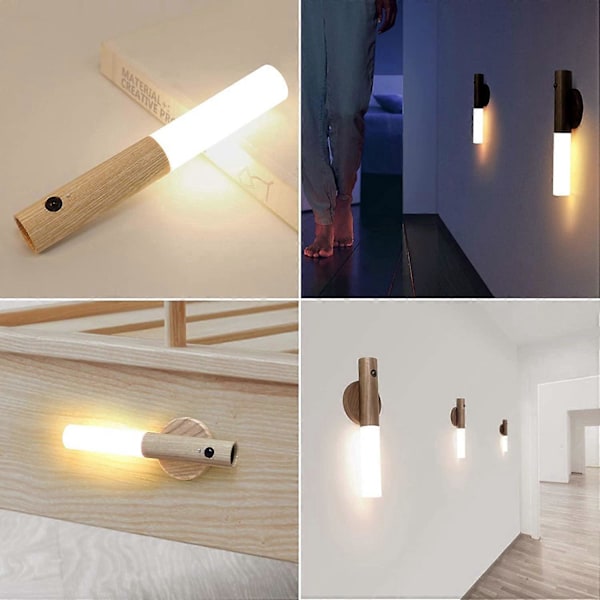 LED Træ Væglampe Retro Batteri Væglampe Bevægelsessensor USB Genopladelig Trådløs Magnetisk Natlampe Børnelampe Sengelampe Varm