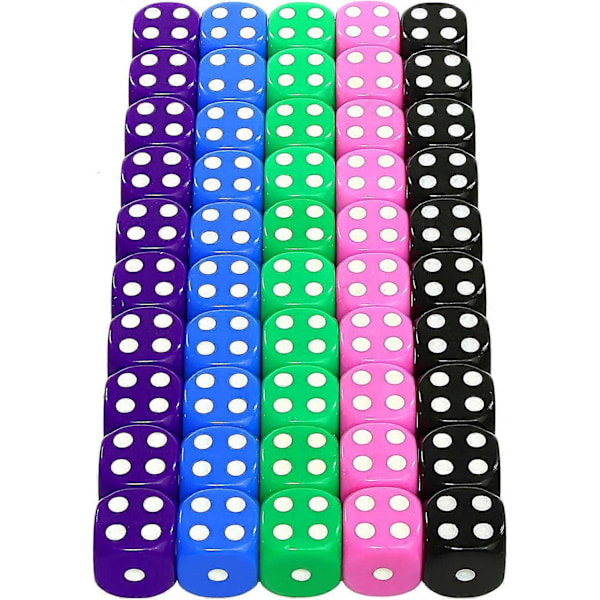 50 Stykker Farverigt Terningesæt - Assorterede Farver, 10 Stykker Hver, 16mm D6 Standard Terninger