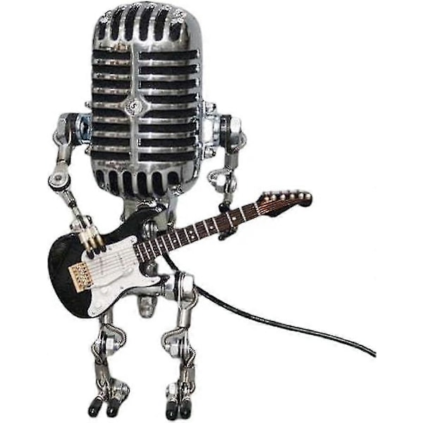 Metall Mikrofonrobot, Vintage Mikrofonrobot Bordlampe, Metall Mikrofonrobot Lampe med Mini Gitar, Holder Gitar Vintage Nattlys