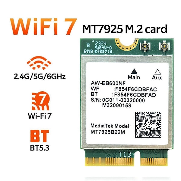 MT7925 WIFI 7 -kortti + 2x antennia 5400Mbps 2.4G/5G/6G WiFi -korttisovitin
