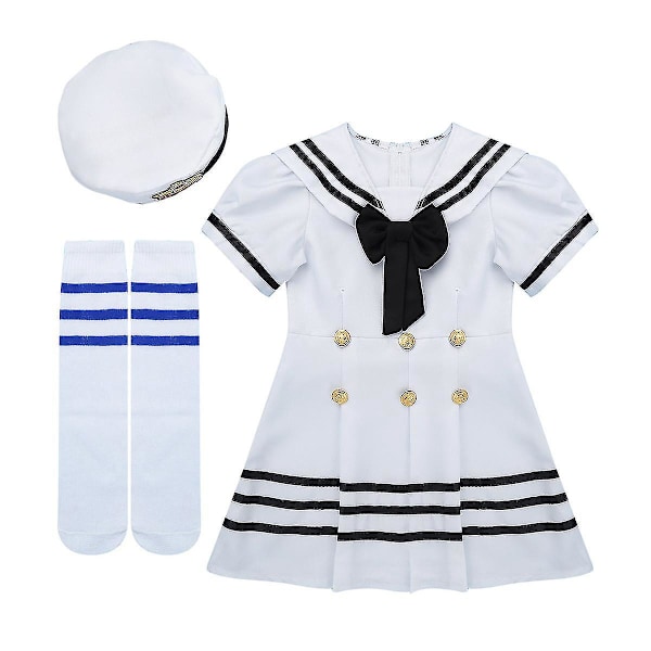 Barnflickor Sjöman Uniform Cosplay Kostym Skola Kör Dansklänning Set 100cm Svart Vit