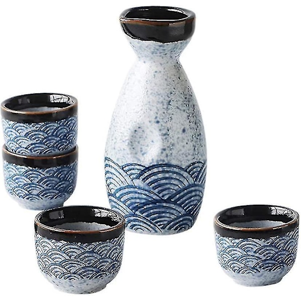 Japansk Sake-sett med 1 keramisk karaffel og 4 kopper