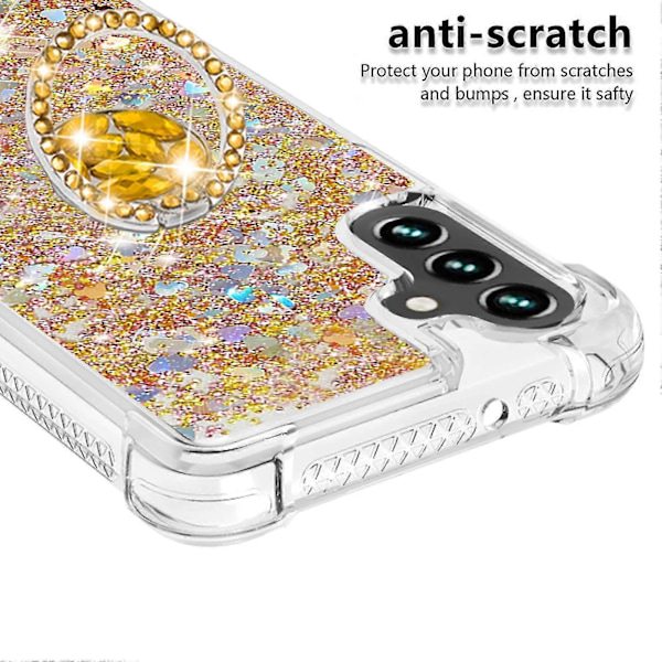 Samsung Galaxy A34 5g Telefon Cover - Yb Quicksand Series-7 Stødsikkert Cover med Flydende Sand TPU og Ring Kickstand GuldHjerter