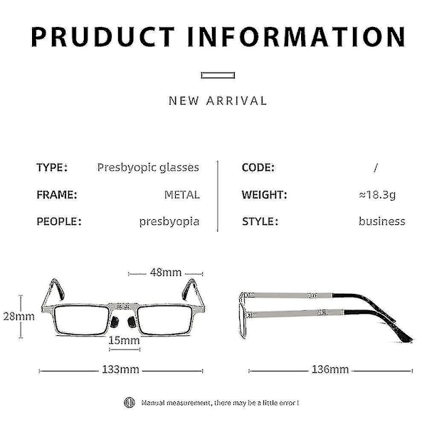 Stilig sammenleggbar lesebrille i metall med anti-blått lys for menn (Diopter +1,0 til +4,0) 400 sølv firkantet