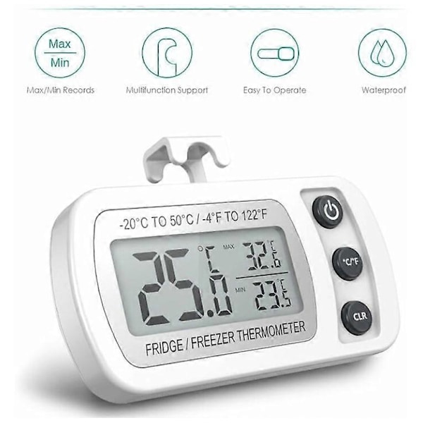 Kylskåpstermometer LCD-display Digital Vattentät Frysskåpstermometer med Magnetisk Krok Kylskåpstermometer (-20 50) Svart
