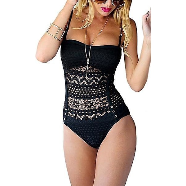Sexet sort blonde badedragt i ét stykke med push-up og hule detaljer
