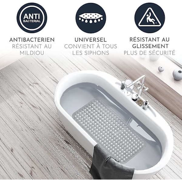Halkfri badmatta för känslig hud 88x39cm, BPA-fri | Mögelresistent maskintvättbar duschmatta (grå)