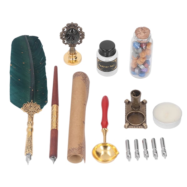Fjäderpenna Set Retro Elegance Europeisk Stil Kalligrafi Fjäderpenna med Utbytbara Spetsar Bläck Tom Flaska Quill Pen Set Mörkgrön Prick