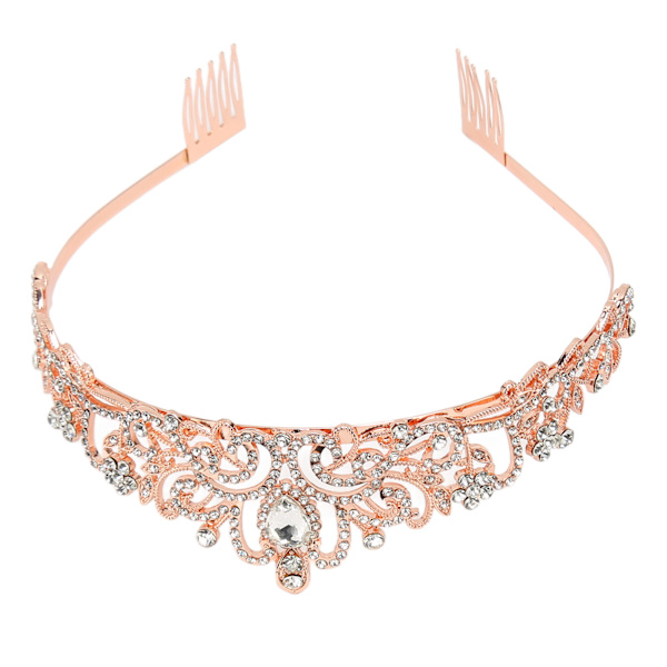 Brudekrone Rhinestone Elegant Glitrende Bryllupsprinsessekrone til Halloween Rose Gold
