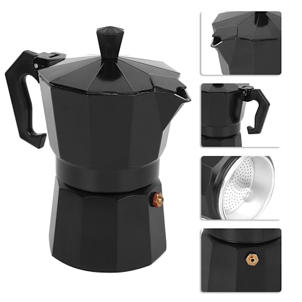 300ML 6-kopper kapacitet aluminium kaffemaskine Moka Pot tilbehør til kontor hjemmebrug Sort