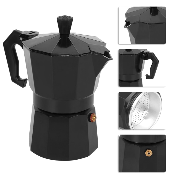 300ML 6-kopps kapasitet aluminium kaffemaskin Moka Pot Tilbehør for kontor hjemmebruk Svart