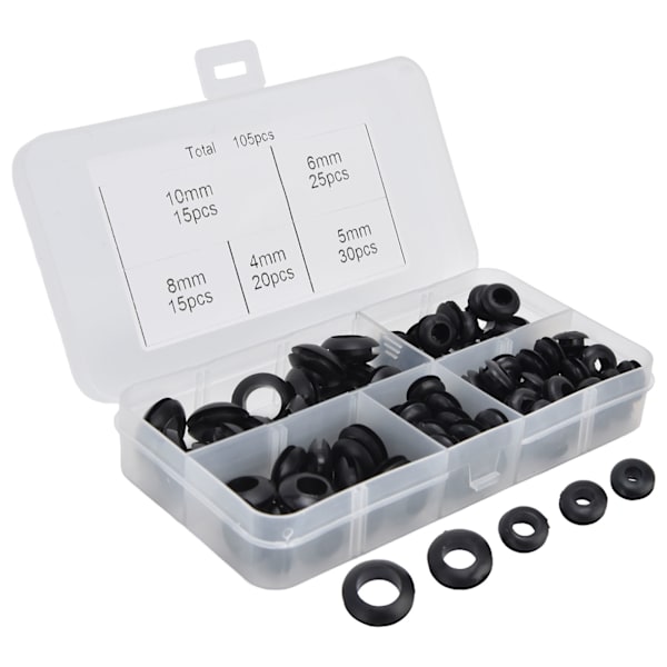 105st Grommet sortimentssats Gummi Elektriska packningsringar Ledningar VVS Skyddsspole
