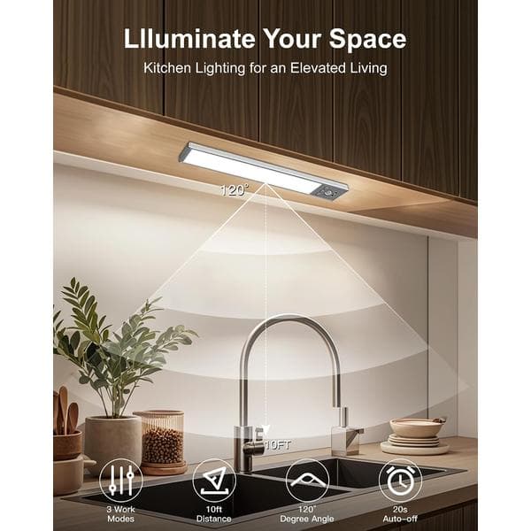 Trådløs underskapsbelysning med bevegelsessensor, dimbar LED-skaplampe, oppladbart batteri, magnetisk monteringsbase, 3-pakning.
