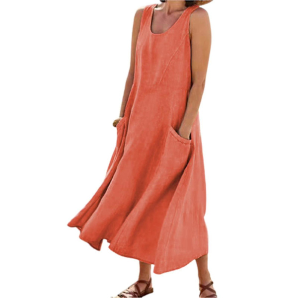 Ærmeløs Bomuld Linned Strand Tank Kjole med Lommer - Kvinder - Boheme Stil - Orange L