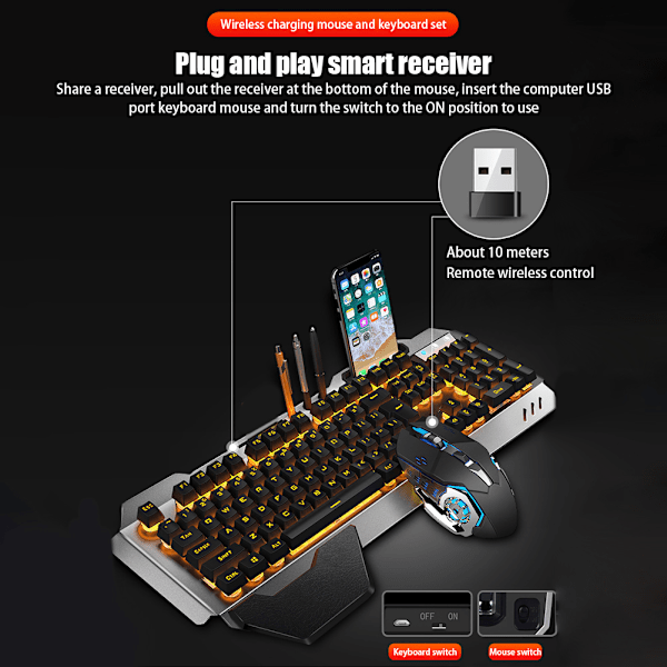Oppladbar tastatur og mus med opphengt tastehette, mekanisk følelse, bakgrunnsbelyst spilltastatur og musekombo