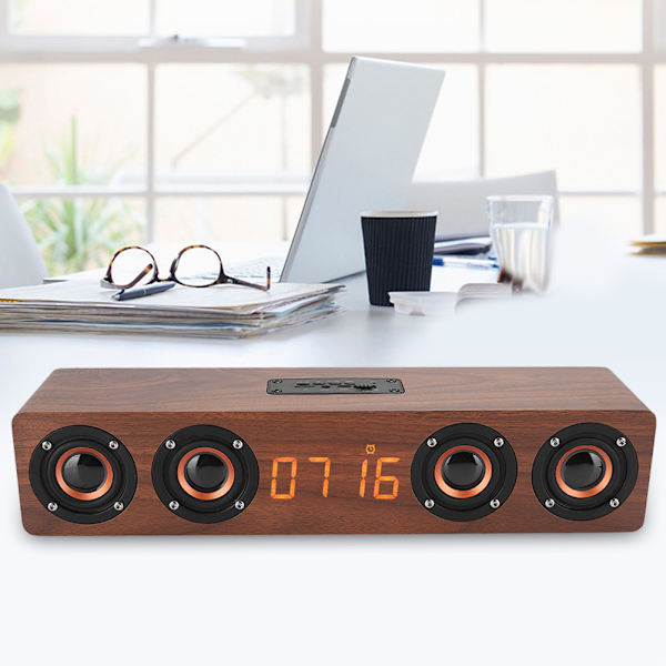 W8C Högkvalitativ Bluetooth-högtalare i massivt trä med LED-klockdisplay och FM-funktioner